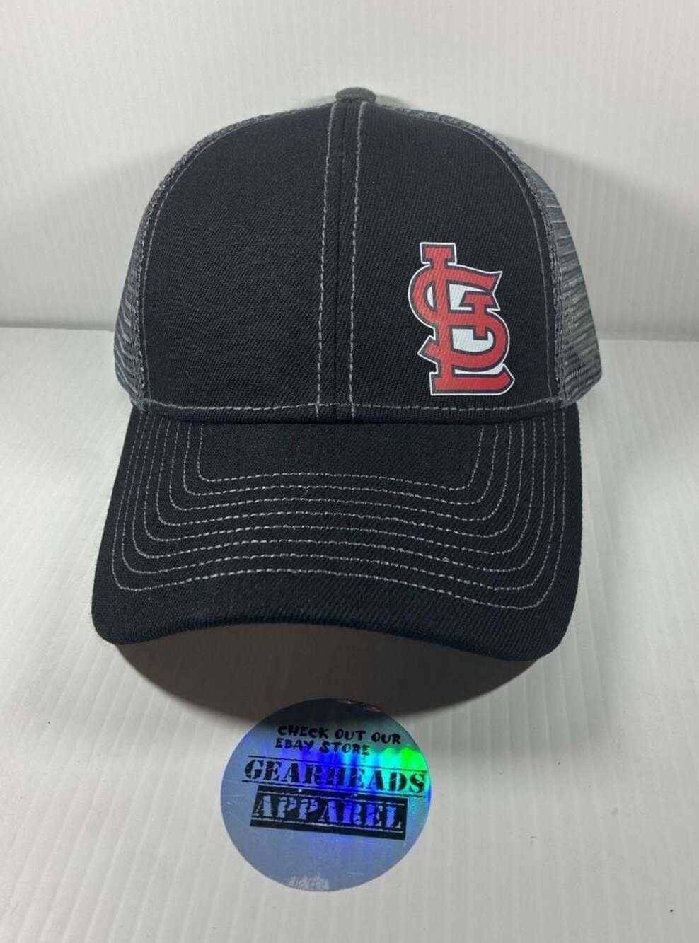 St Louis Cardinal Baseball Hat Black on Gray Mesh Adjustable